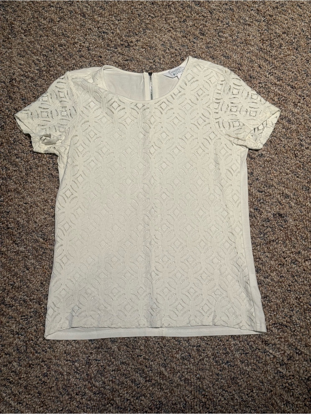 Market & Spruce Lace Overlay Short Sleeve Top - Cream, Size Small, Zippered Back